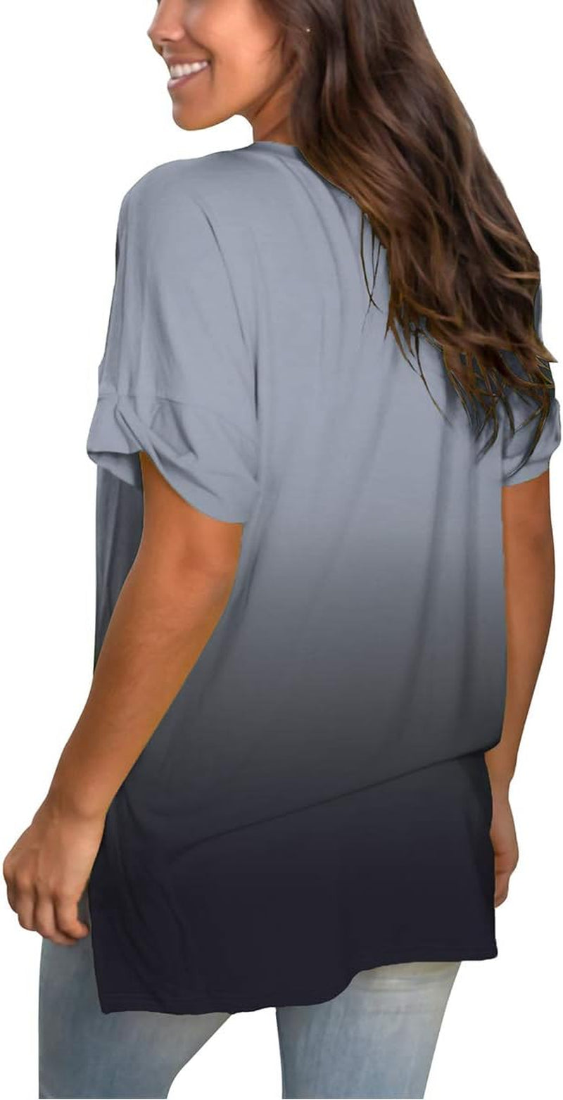 Women'S V Neck T Shirts Casual Rolled Short Sleeve Side Split Summer Tops Loose Fit