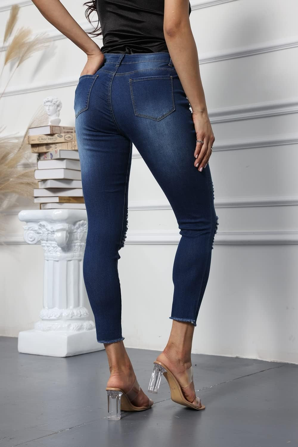 Women High Waist Ripped Jeans Skinny Stretch Destroyed Denim Pants Dark Blue