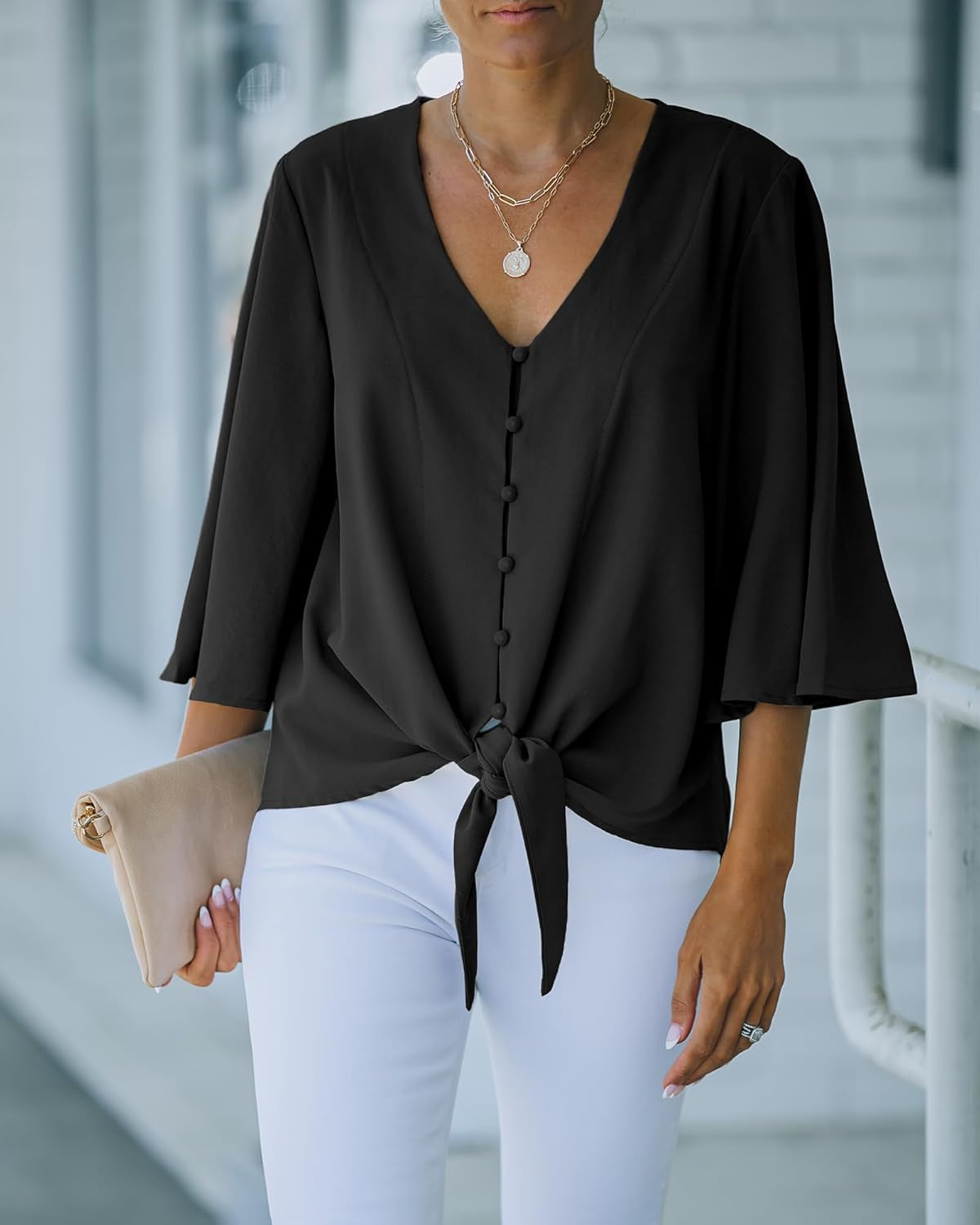 Women'S Casual V Neck Tops 3/4 Sleeve Tie Knot Blouses Solid Button down Shirts