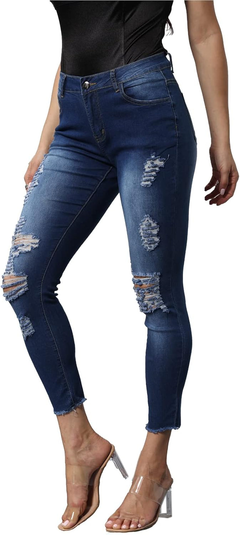 Women High Waist Ripped Jeans Skinny Stretch Destroyed Denim Pants Dark Blue