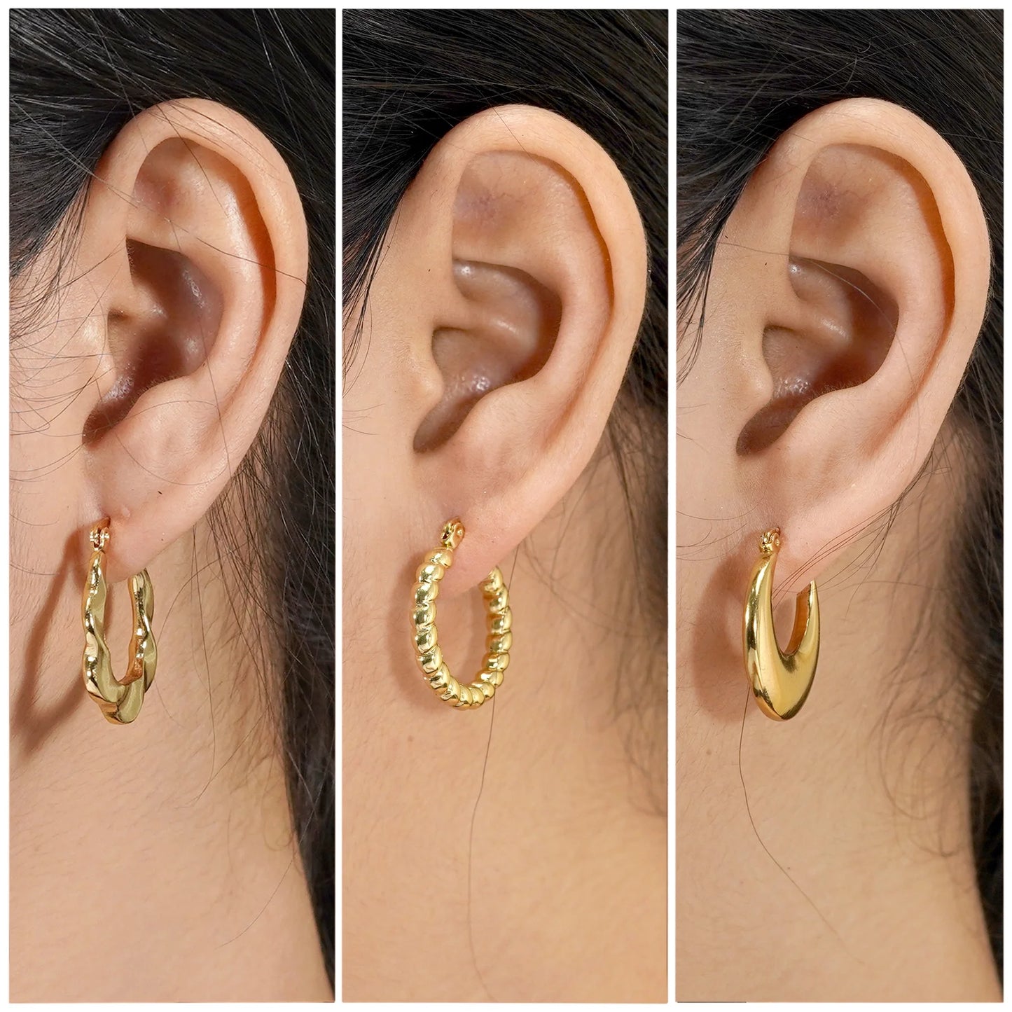 Twisted Hoop Earrings Set, Yellow Gold Plated, Hypoallergenic, 3 Pairs