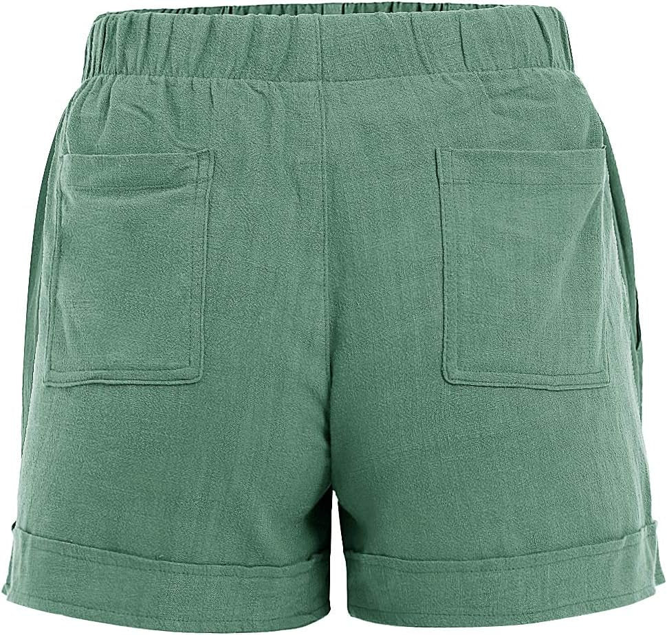 Women'S Comfy Casual Drawstring Shorts Cotton Linen Elastic Ruflle Hem Summer Shorts with Pockets