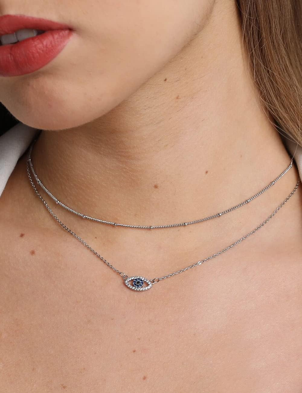 Gold Evil Eye Layered Necklaces for Women 14K Gold Plated Evil Eye Layering Necklaces Satellite Beaded Silver Choker Necklaces Dainty Fake Diamond Pendant Necklace Set 2Pcs