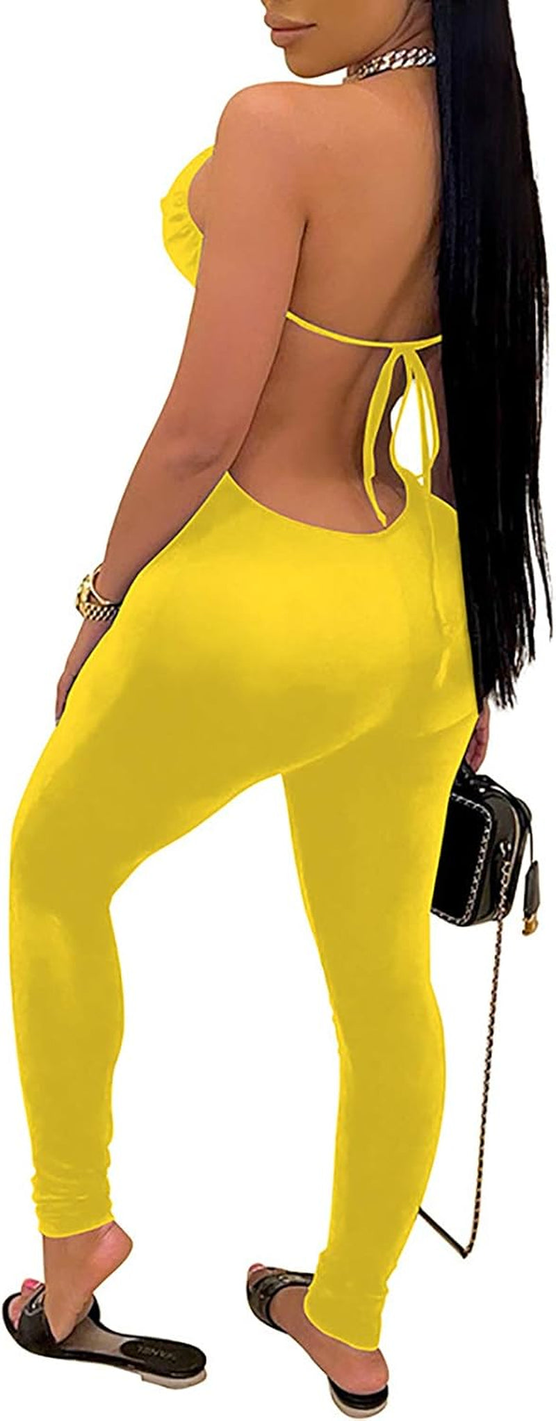 Women Cut Out Jumpsuits - Spaghetti Strap Bikini Bra Tops Bodycon Pants Rompers Party Clubwear Outfit Overalls Yellow L