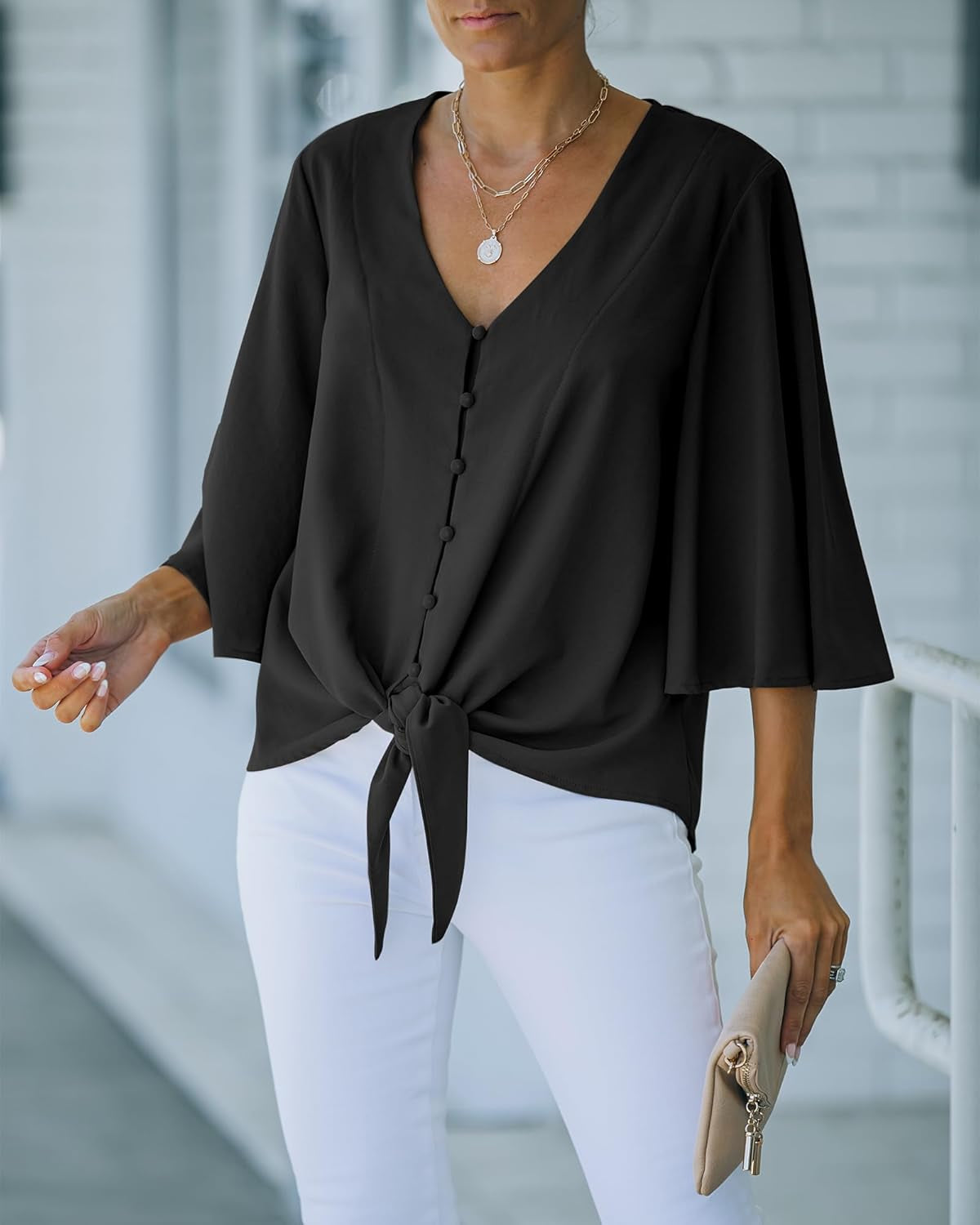 Women'S Casual V Neck Tops 3/4 Sleeve Tie Knot Blouses Solid Button down Shirts