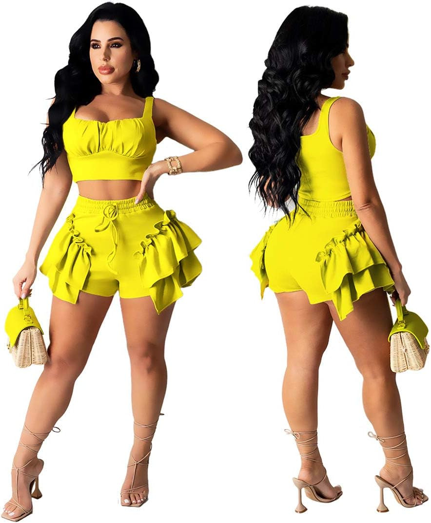 Women'S Sexy Two Piece Outfits Solid Sleeveless Crop Top Short Pants Sets Bodycon Romper Streetwear Yellow XL