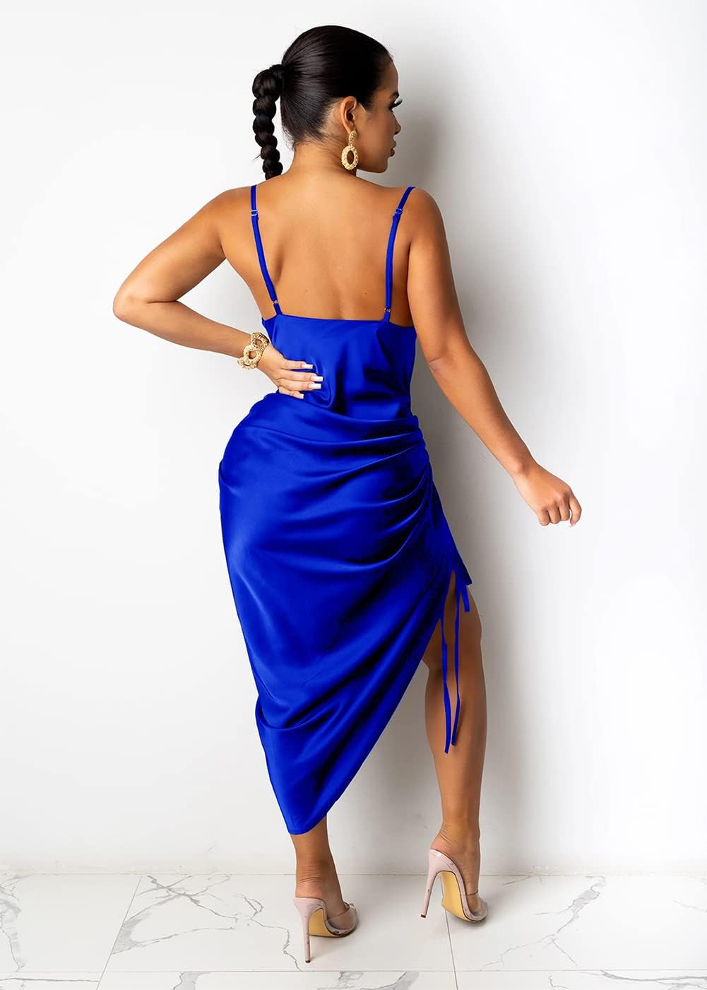 Women'S Summer Sexy Ruched Midi Adjustable Spaghetti Strap Bodycon Drawstring Side Slit Slip Party Clubwear Dress, A-Blue, Large
