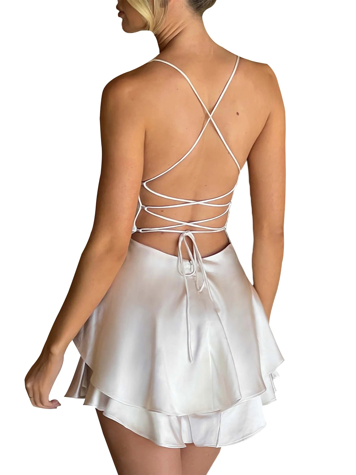 Women Solid Color Cami Playsuits Cowl Neck Sleeveless Short Jumpsuits Summer Cross Tie-Up Backless Romper Clubwear Dress