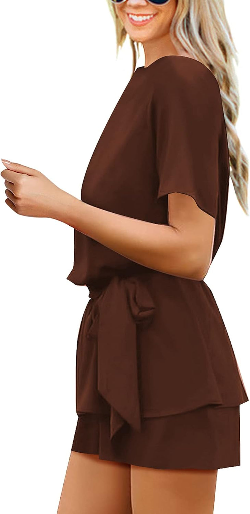 Women'S Casual Short Sleeve Belted Overlay Keyhole Back Jumpsuits Romper