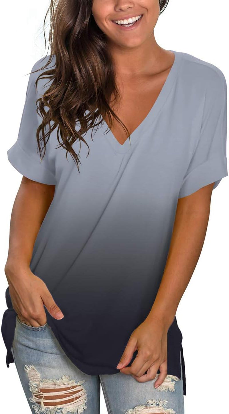 Women'S V Neck T Shirts Casual Rolled Short Sleeve Side Split Summer Tops Loose Fit