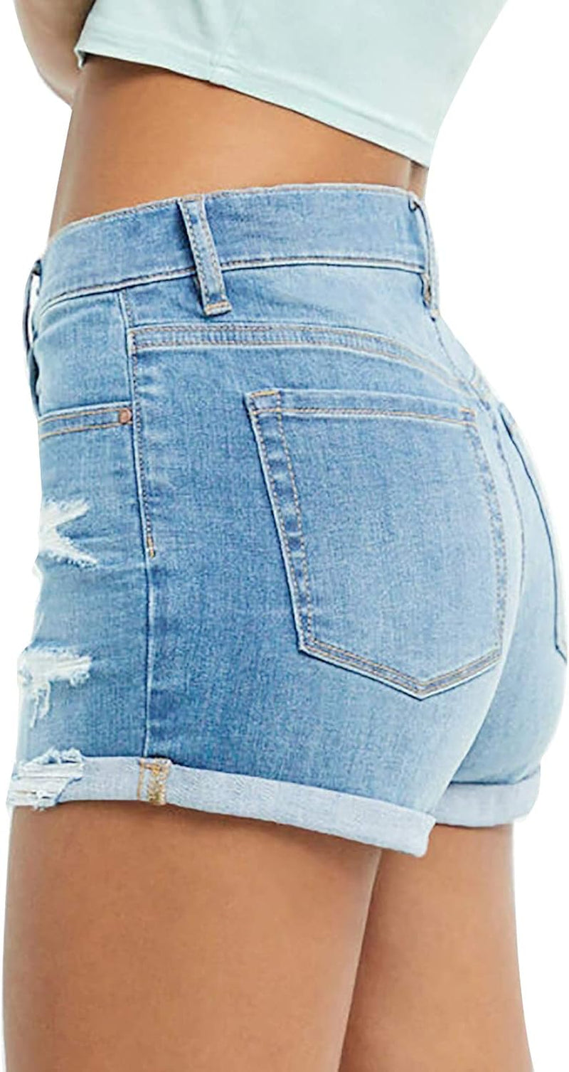 Womens Ripped Stretchy Denim Jean Shorts Juniors Mid Rise Cuffed Hem Short Jeans