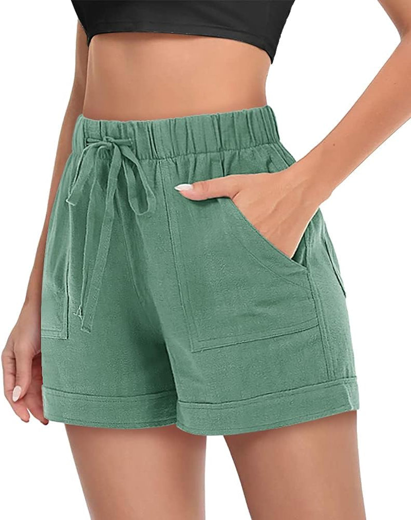 Women'S Comfy Casual Drawstring Shorts Cotton Linen Elastic Ruflle Hem Summer Shorts with Pockets