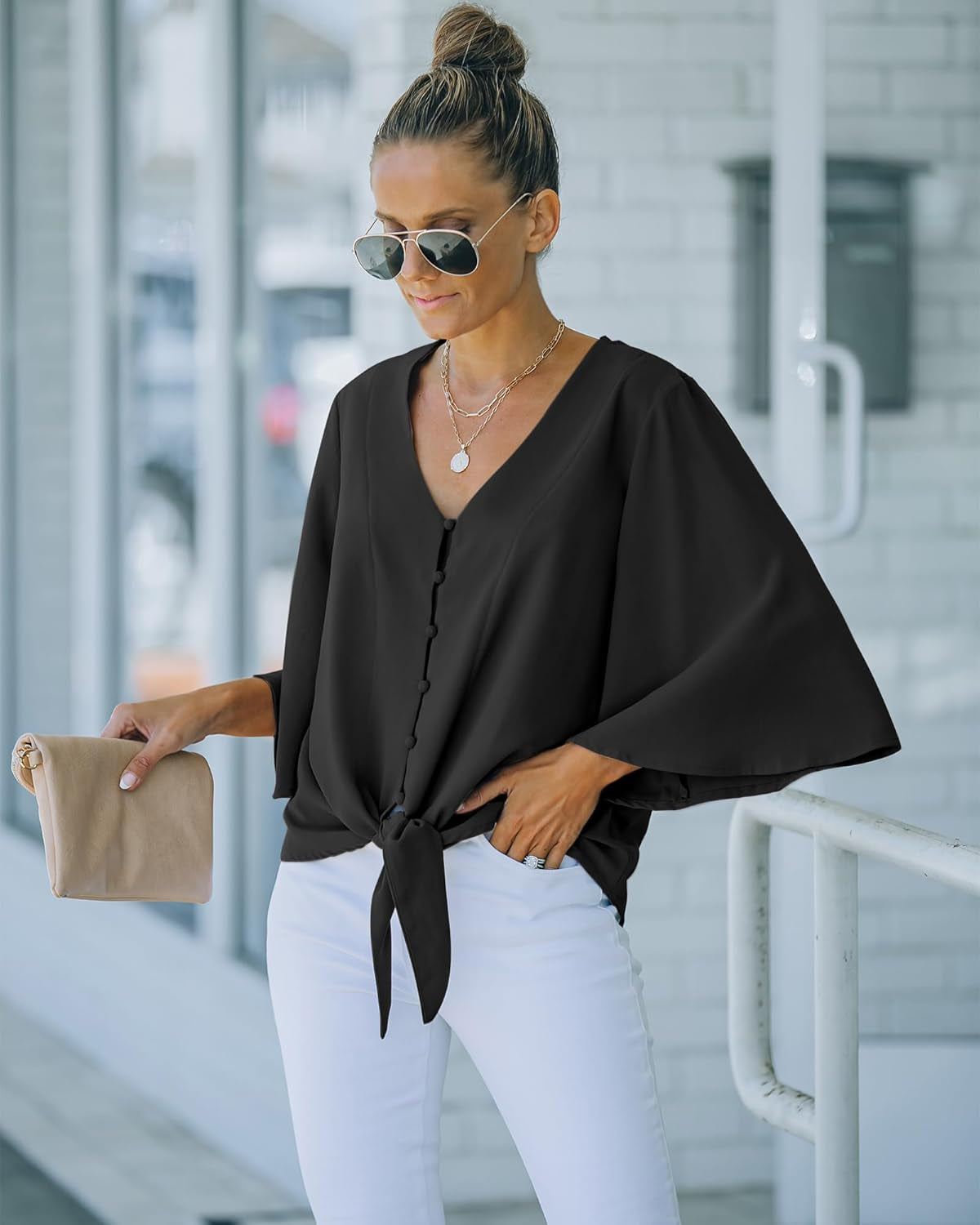 Women'S Casual V Neck Tops 3/4 Sleeve Tie Knot Blouses Solid Button down Shirts