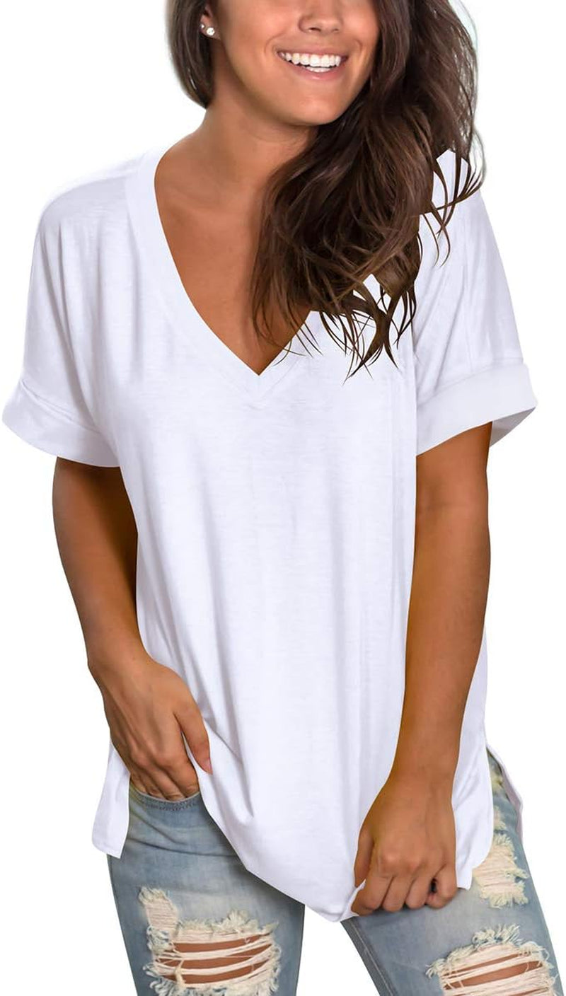 Women'S V Neck T Shirts Casual Rolled Short Sleeve Side Split Summer Tops Loose Fit