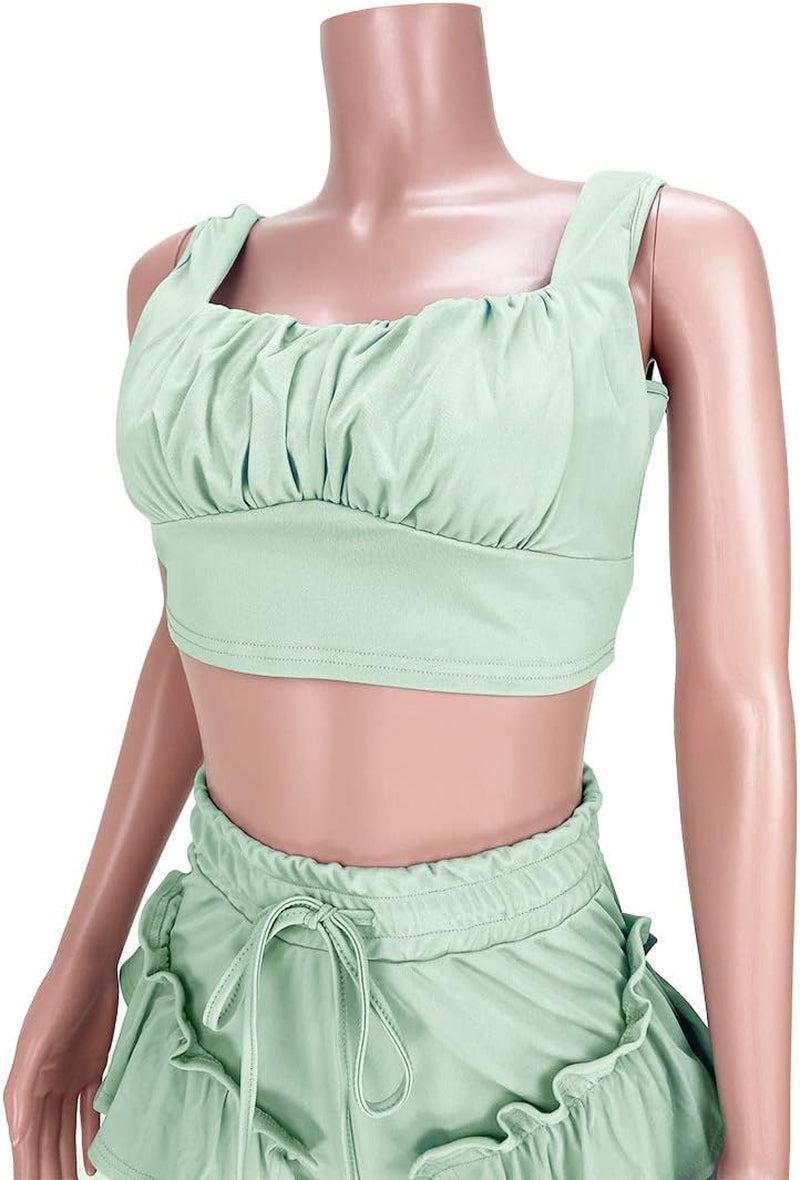 Women'S Sexy Two Piece Outfits Solid Sleeveless Crop Top Short Pants Sets Bodycon Romper Streetwear Yellow XL