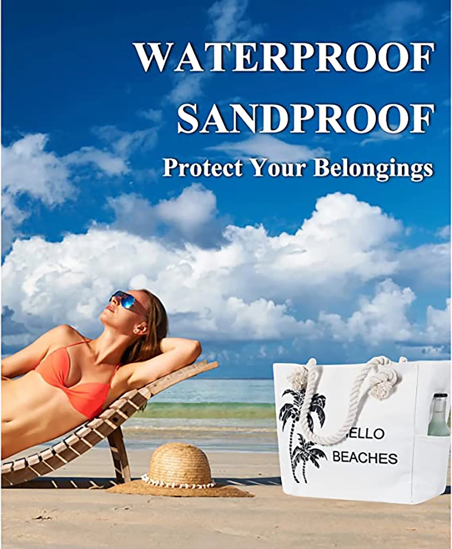 Women Large Beach Tote Bag with Inner Pockets , Waterproof Sandproof Handmade Canvas Tote Bags Zip Closure for Travel Vacation Essentials Gifts , Summer Cruise Pool Shoulder Crossbody Handbag