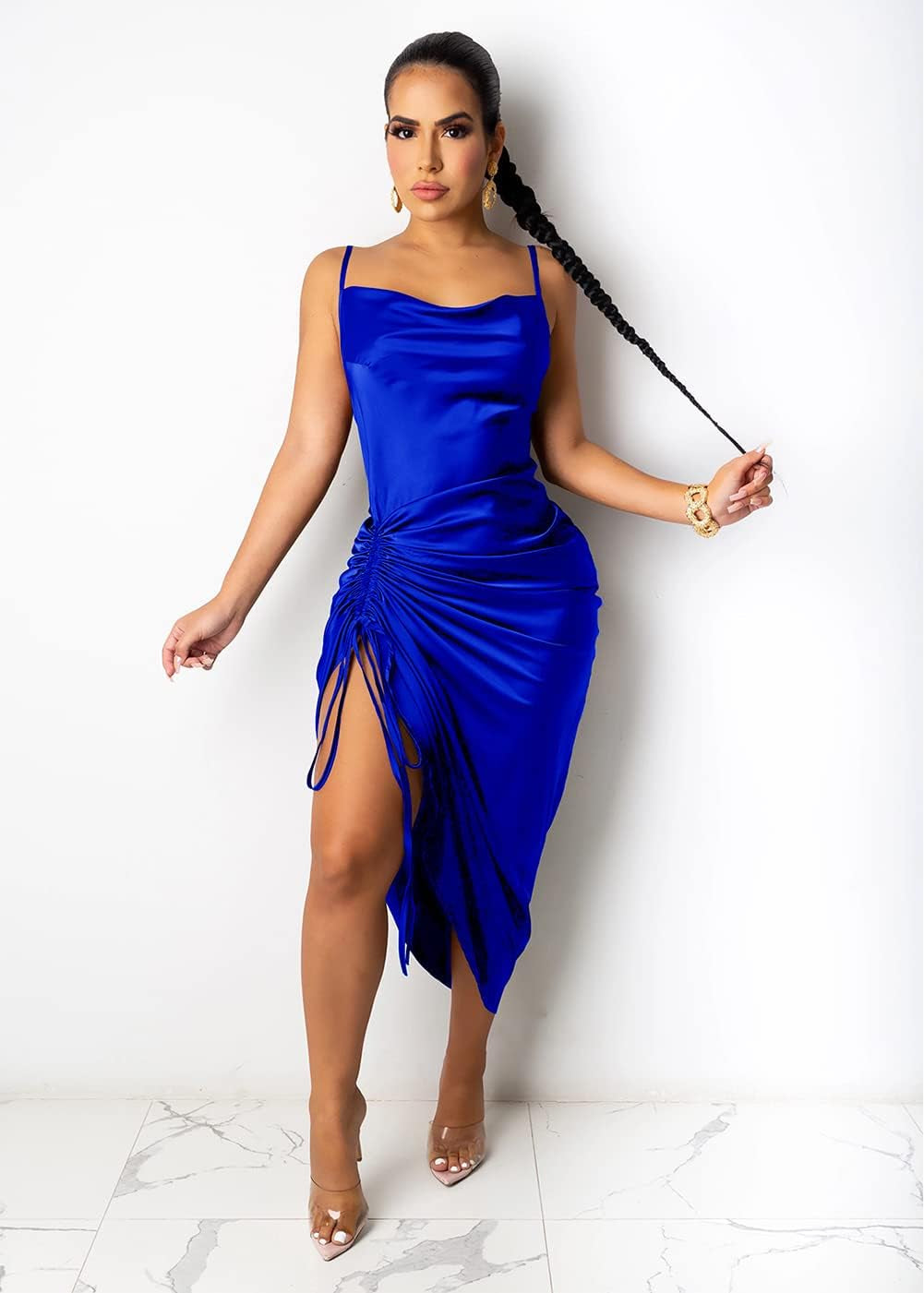 Women'S Summer Sexy Ruched Midi Adjustable Spaghetti Strap Bodycon Drawstring Side Slit Slip Party Clubwear Dress, A-Blue, Large