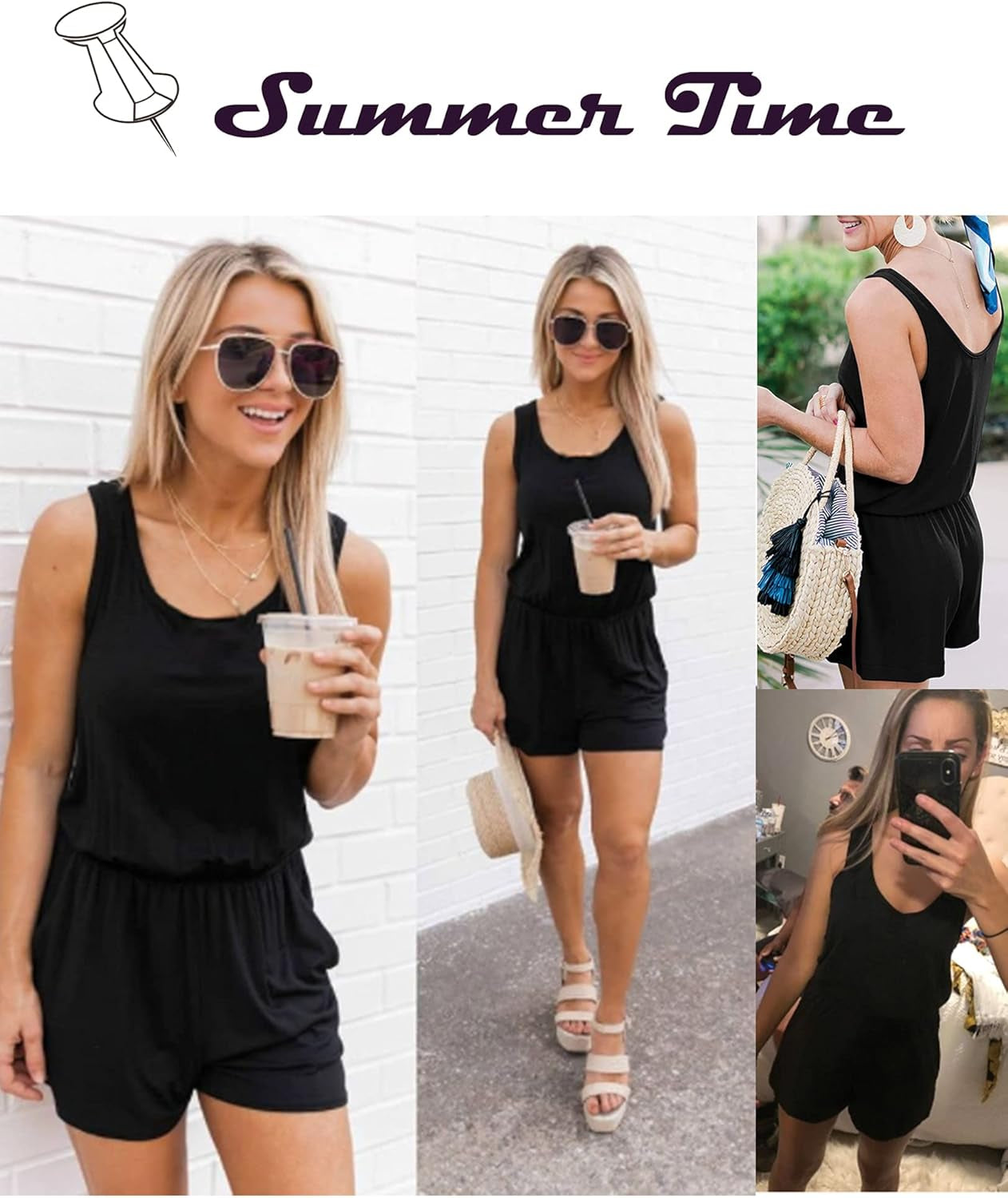 Rompers for Women Summer Sleeveless Scoop Neck Tank Top Casual Short Jumpsuit Rompers with Pockets