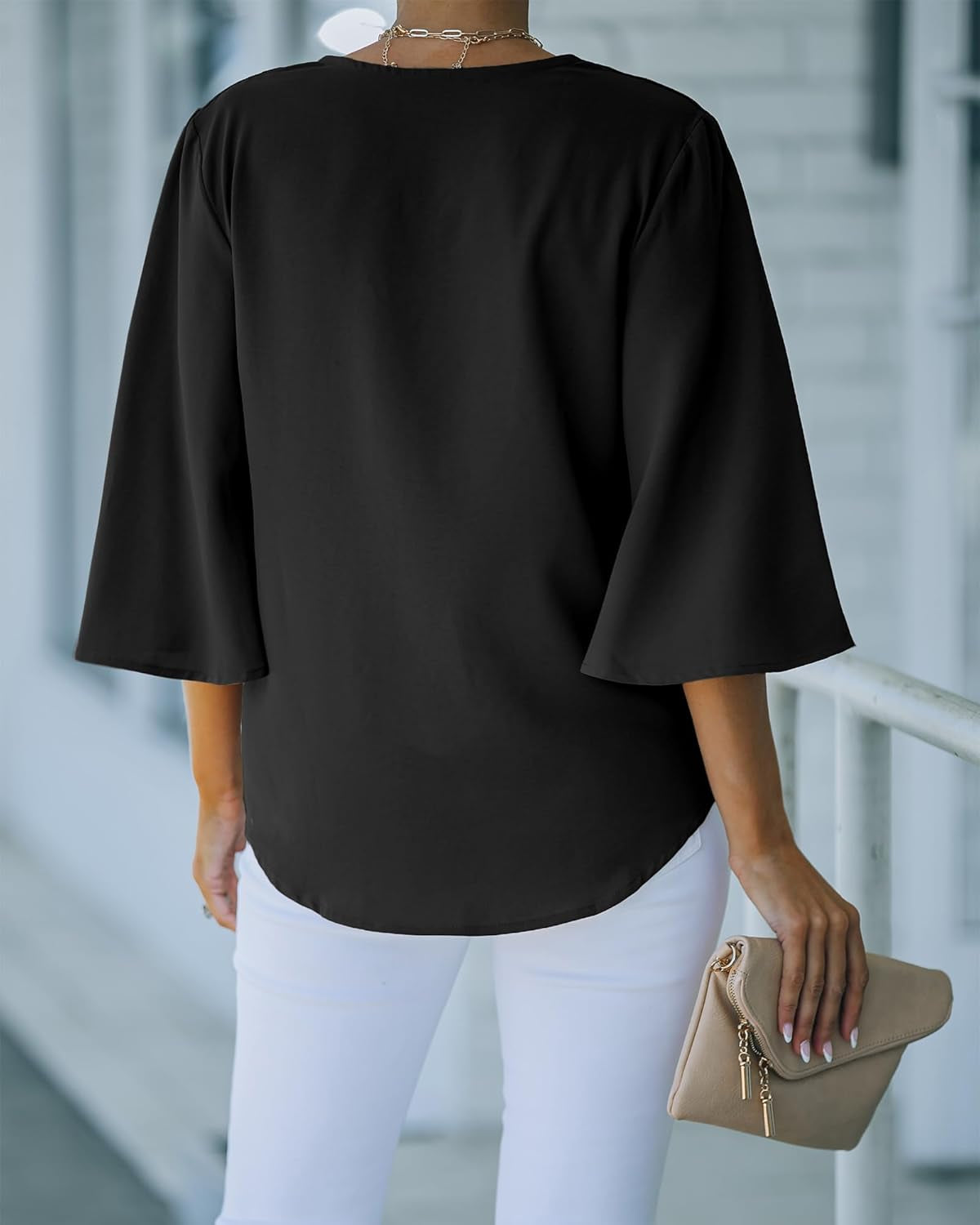 Women'S Casual V Neck Tops 3/4 Sleeve Tie Knot Blouses Solid Button down Shirts