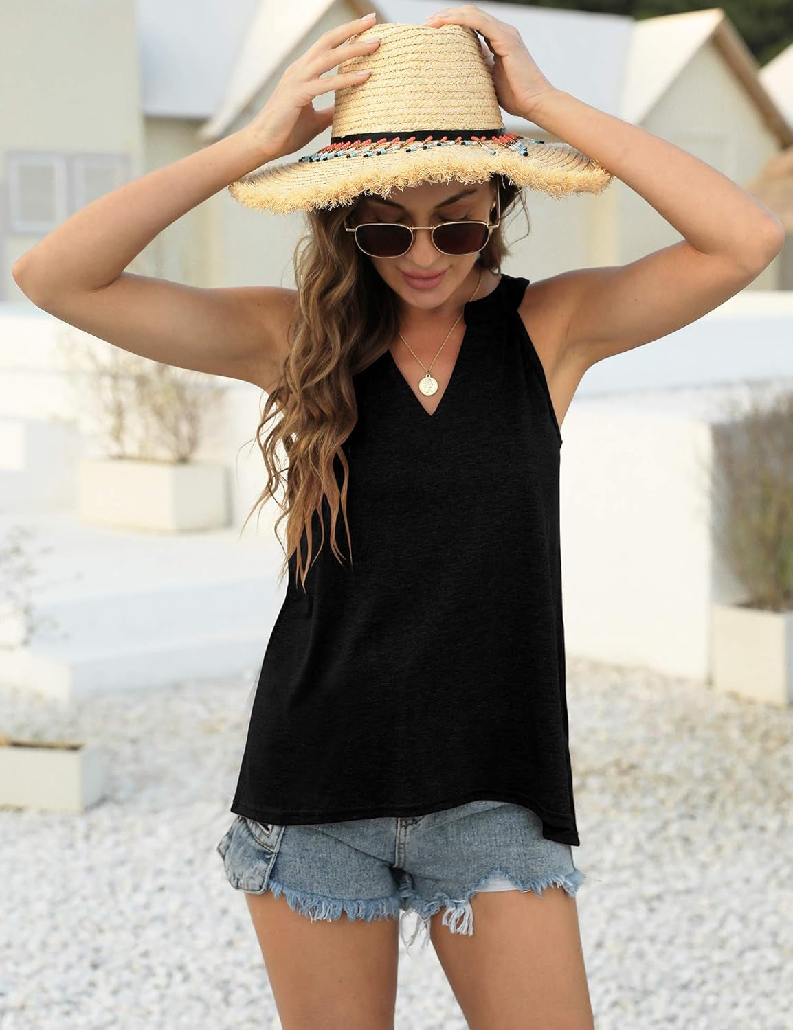 Women'S Summer V-Neck Strapless Flowy Cami Tank Tops Basic Tee Shirts Beach Blouses
