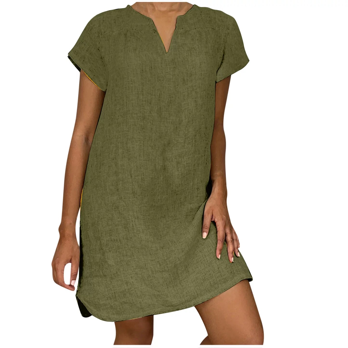 Women Beach Dress Summer Casual Loose Mini Dress Short Sleeve V-Neck Comfy Holidaysundress Solid Shift Dress for Vacation