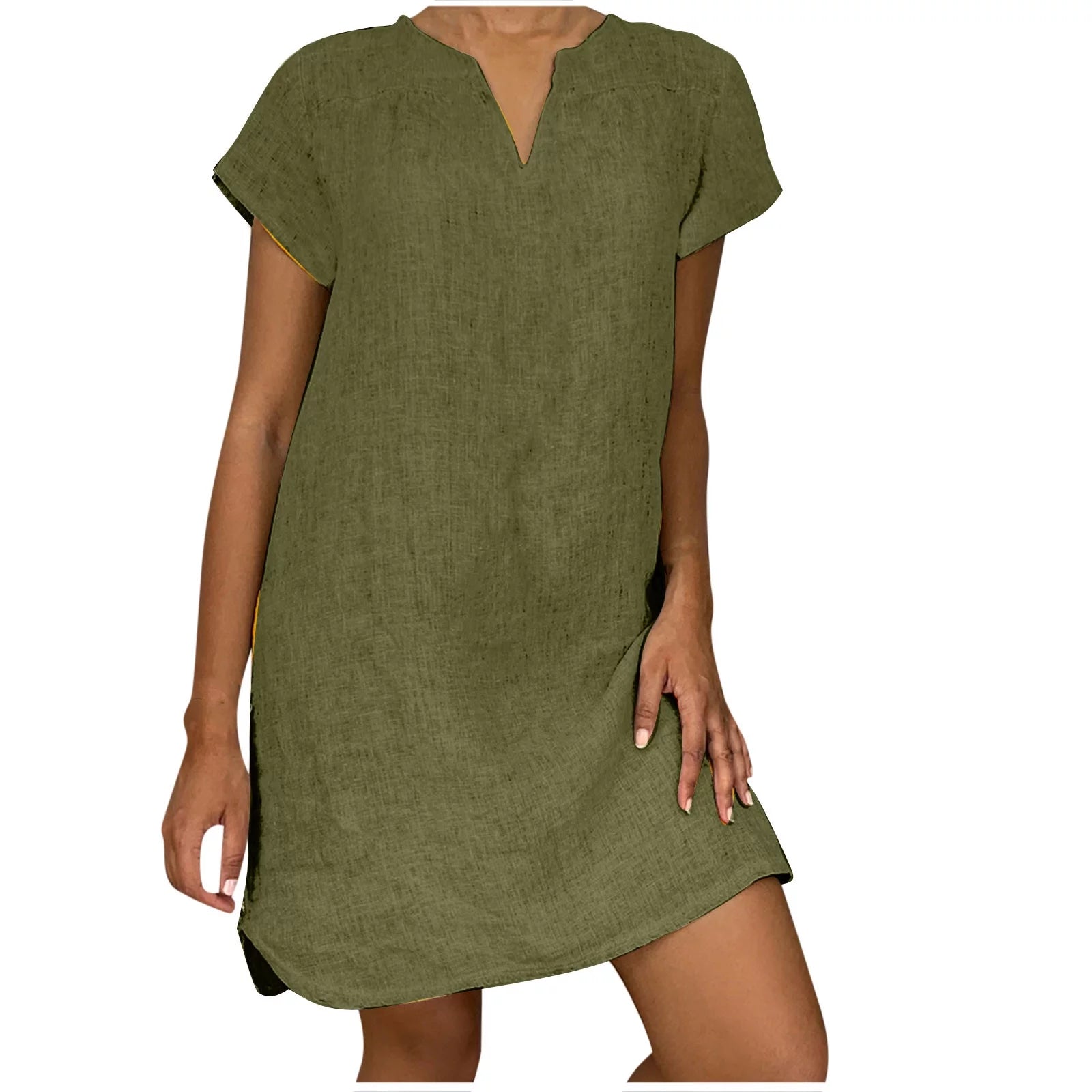 Women Beach Dress Summer Casual Loose Mini Dress Short Sleeve V-Neck Comfy Holidaysundress Solid Shift Dress for Vacation