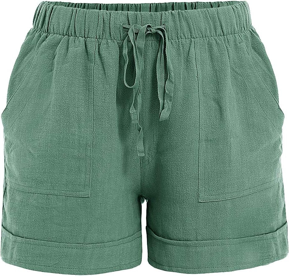 Women'S Comfy Casual Drawstring Shorts Cotton Linen Elastic Ruflle Hem Summer Shorts with Pockets