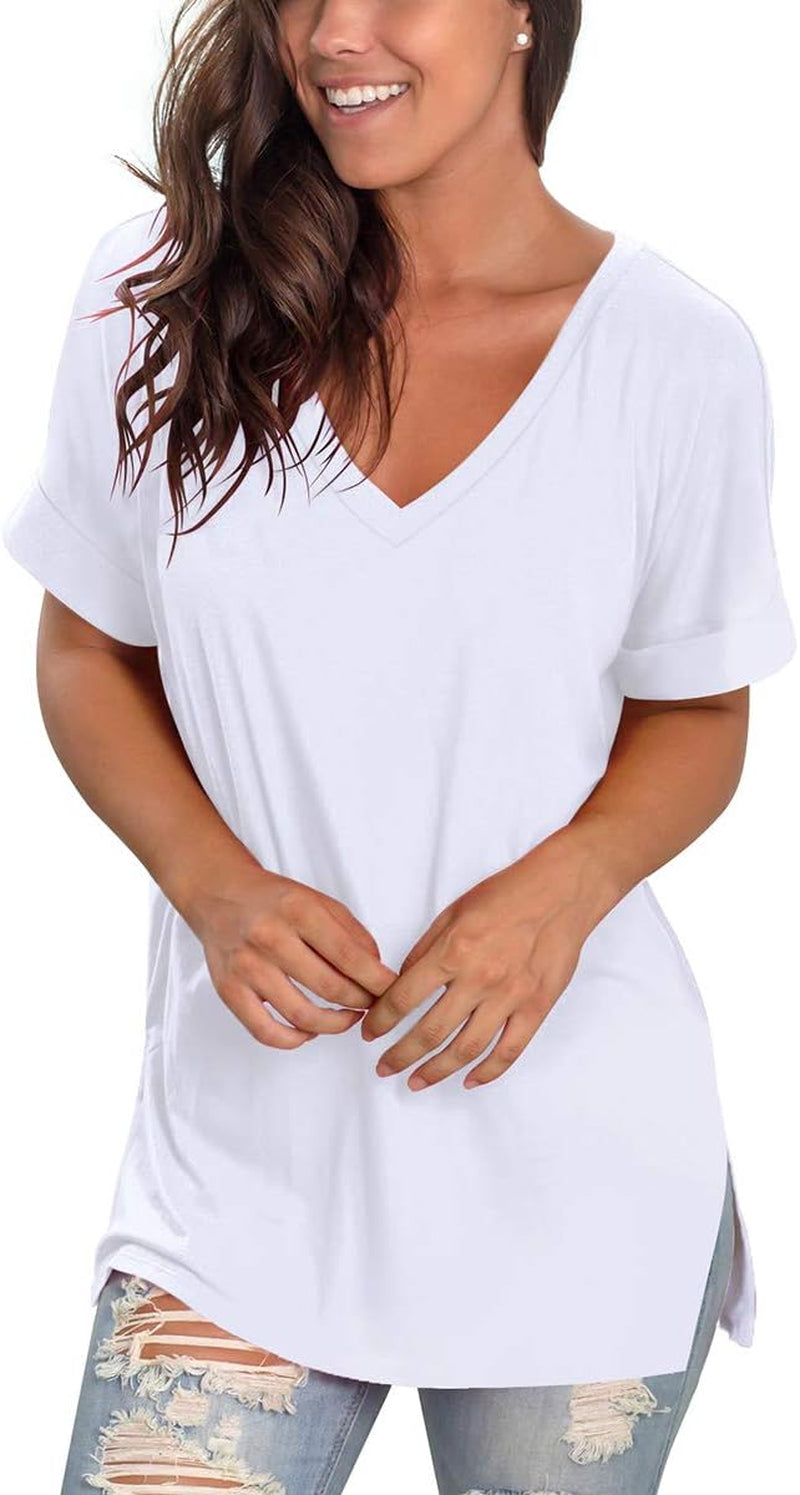 Women'S V Neck T Shirts Casual Rolled Short Sleeve Side Split Summer Tops Loose Fit