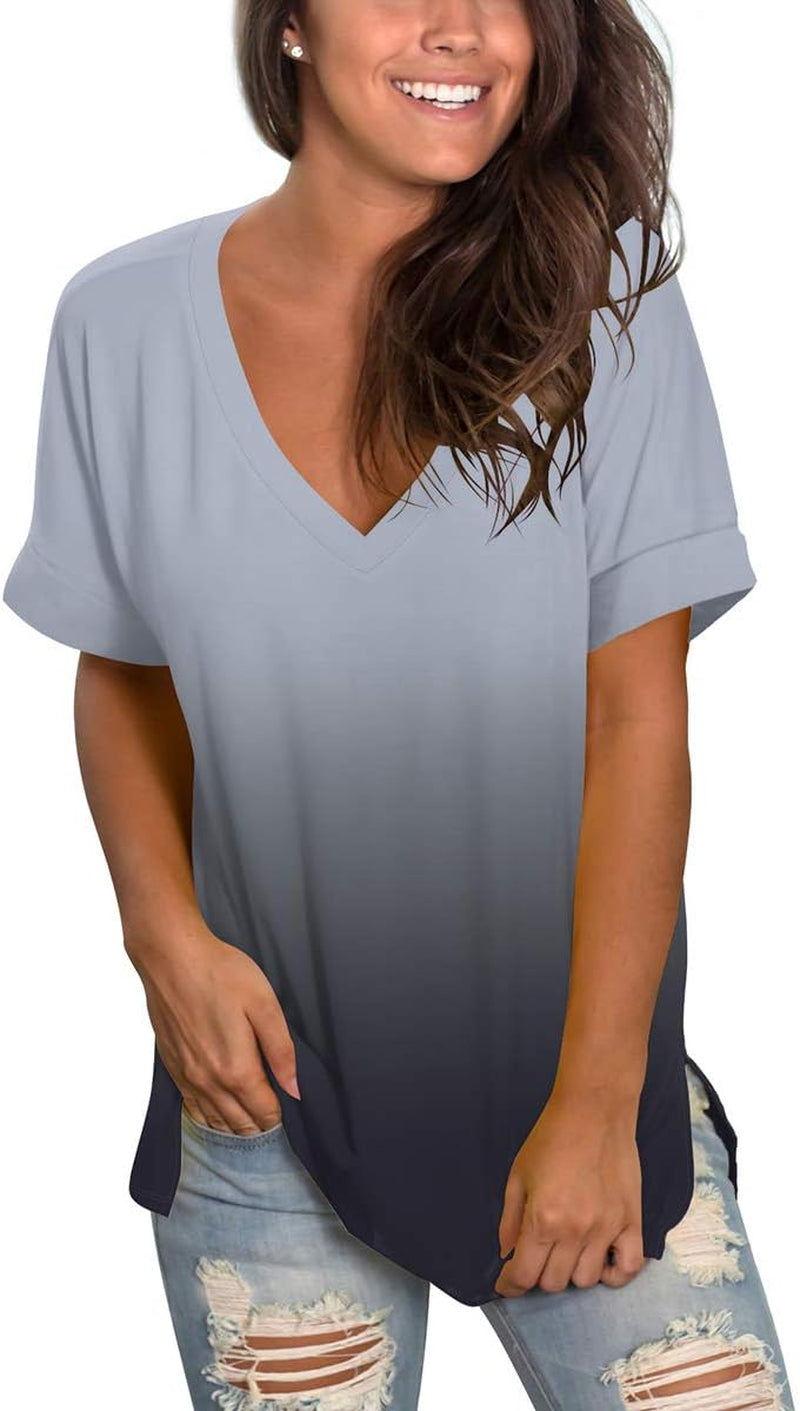 Women'S V Neck T Shirts Casual Rolled Short Sleeve Side Split Summer Tops Loose Fit