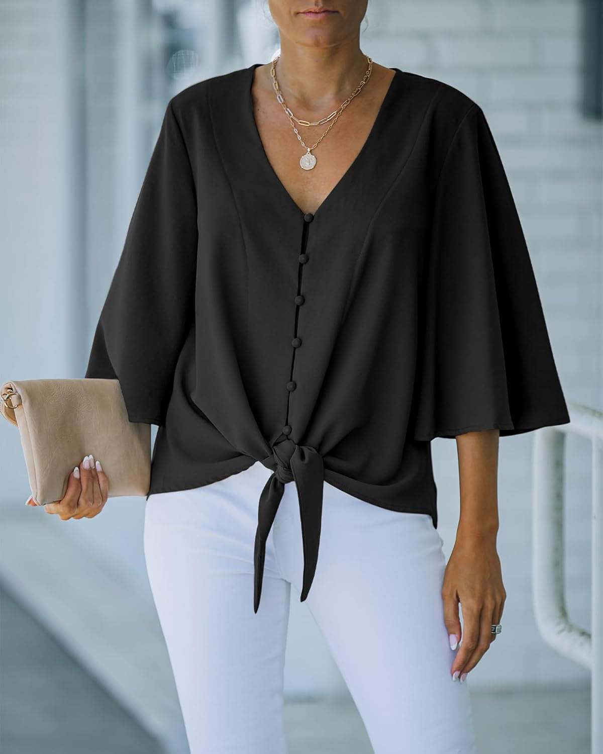 Women'S Casual V Neck Tops 3/4 Sleeve Tie Knot Blouses Solid Button down Shirts