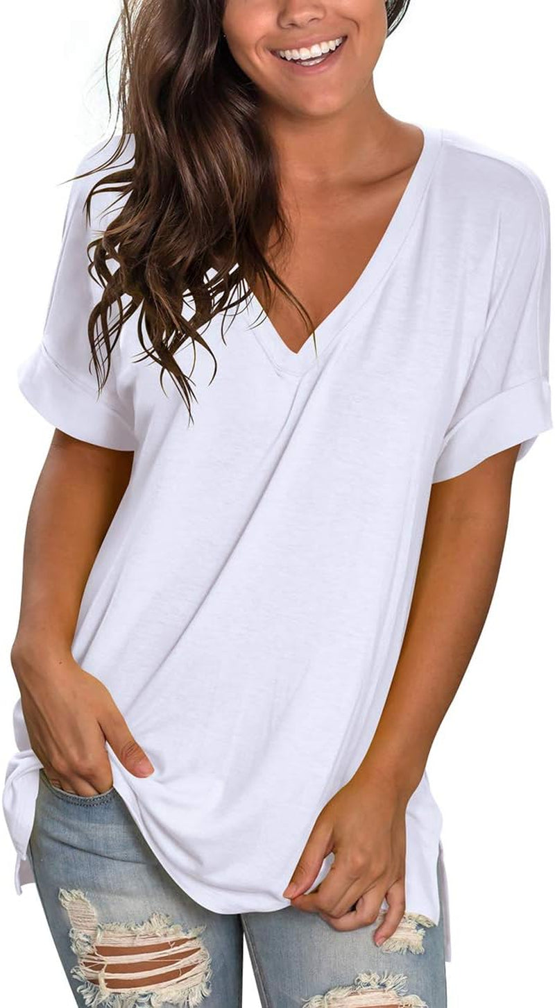 Women'S V Neck T Shirts Casual Rolled Short Sleeve Side Split Summer Tops Loose Fit