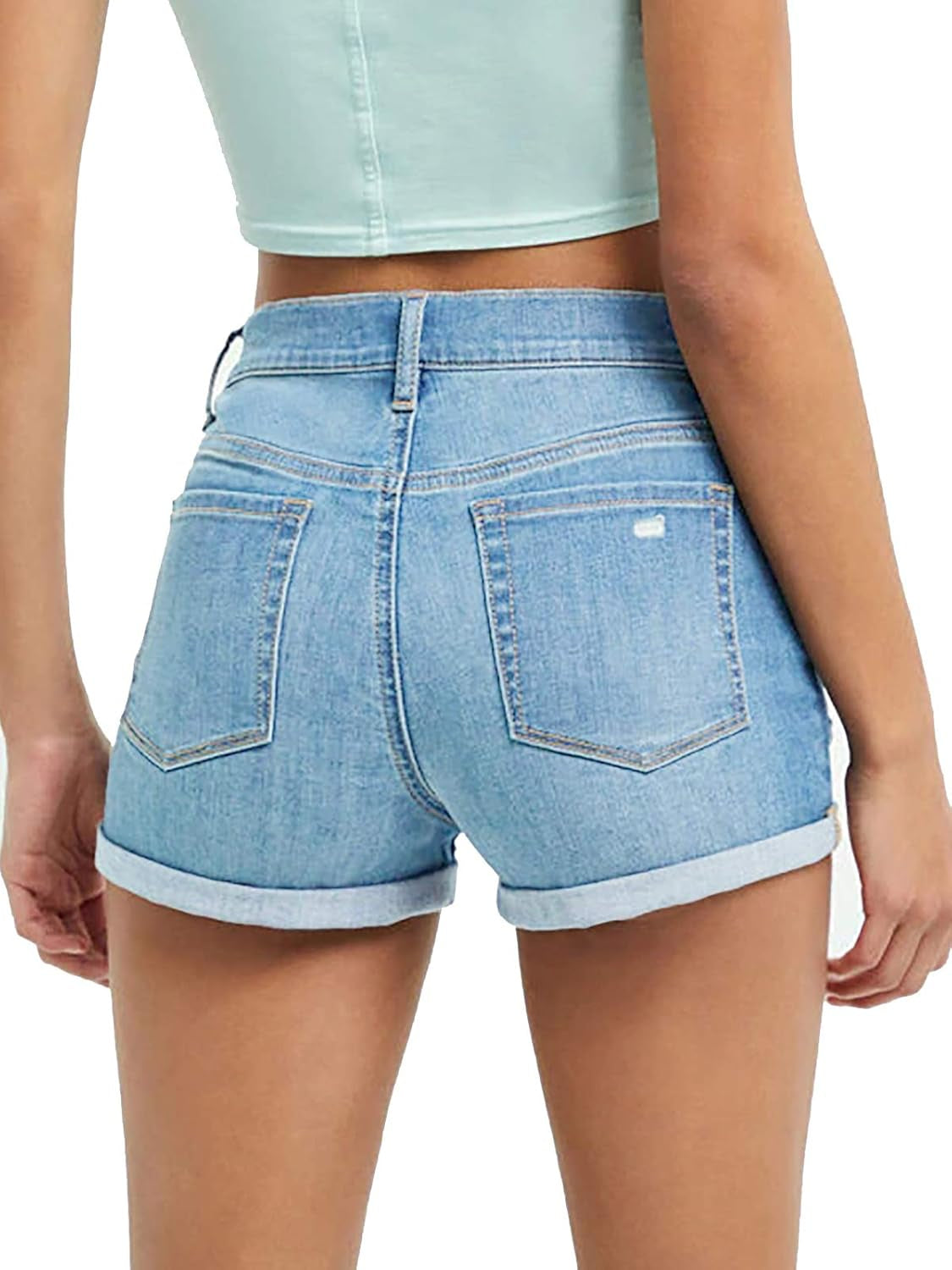 Womens Ripped Stretchy Denim Jean Shorts Juniors Mid Rise Cuffed Hem Short Jeans