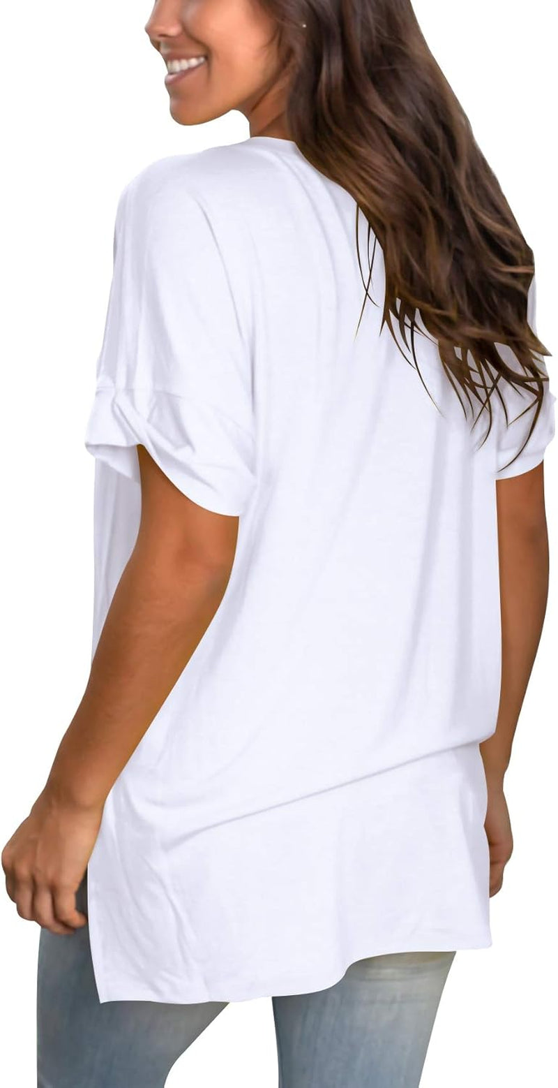 Women'S V Neck T Shirts Casual Rolled Short Sleeve Side Split Summer Tops Loose Fit