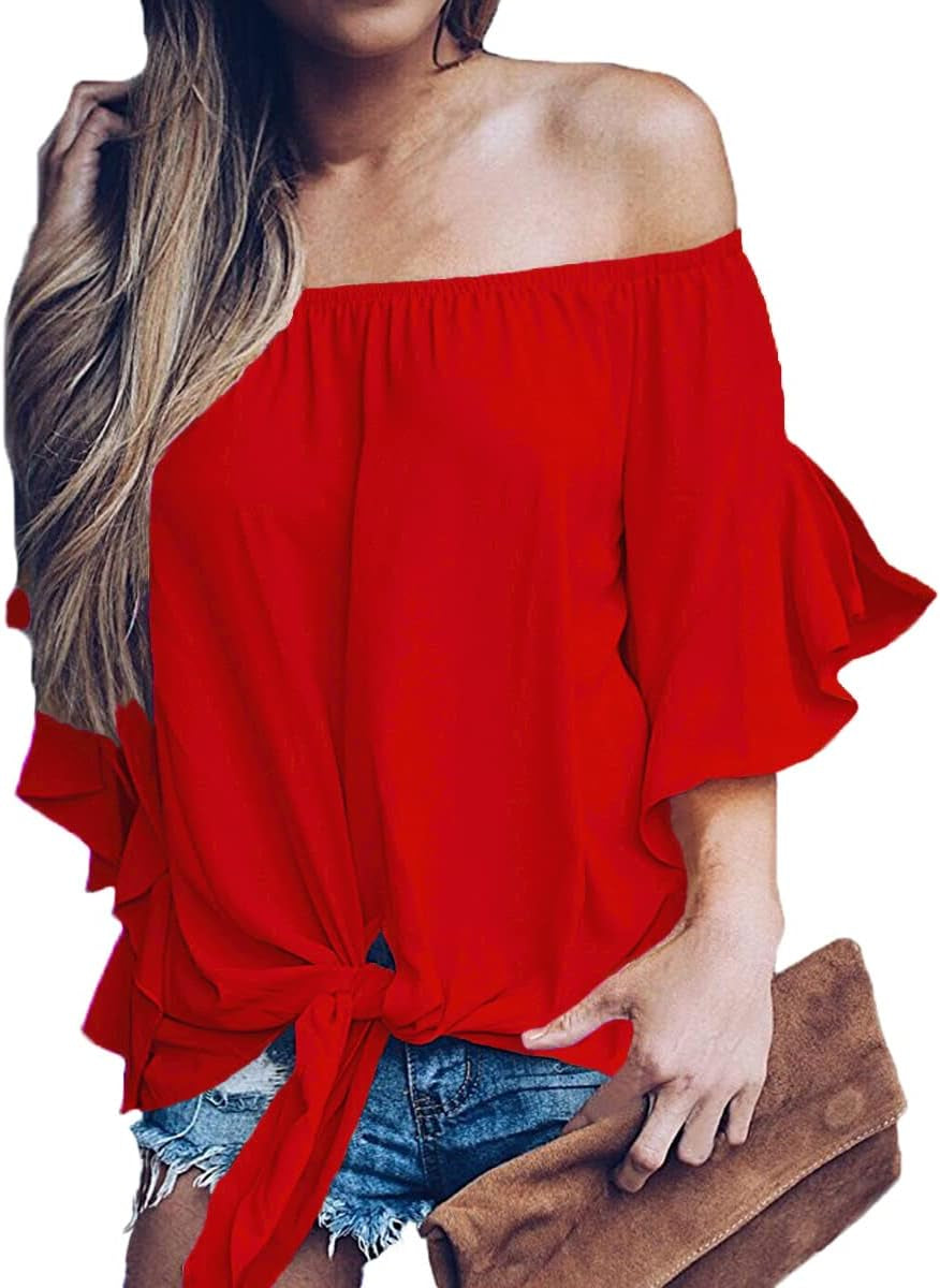 off the Shoulder Tops Women Summer 3/4 Bell Sleeve Tie Knot Boho Shirt Blouses