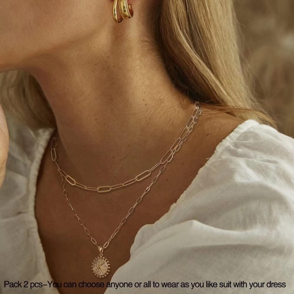 Layered Initial Necklaces for Women - 14K Gold Plated Dainty Layering Paperclip Chain Necklaces for Women Jewelry