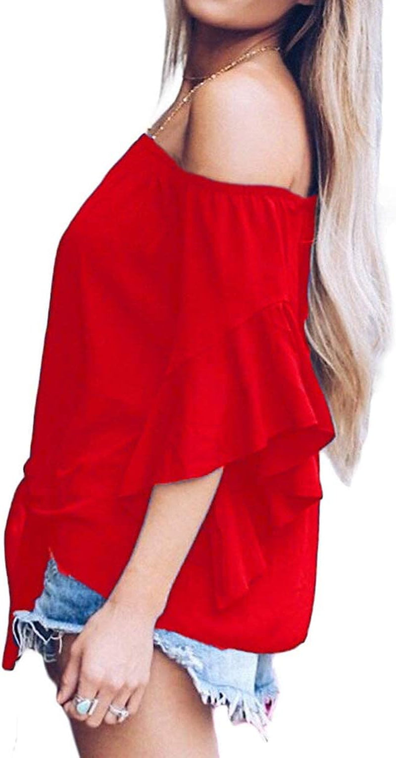 off the Shoulder Tops Women Summer 3/4 Bell Sleeve Tie Knot Boho Shirt Blouses