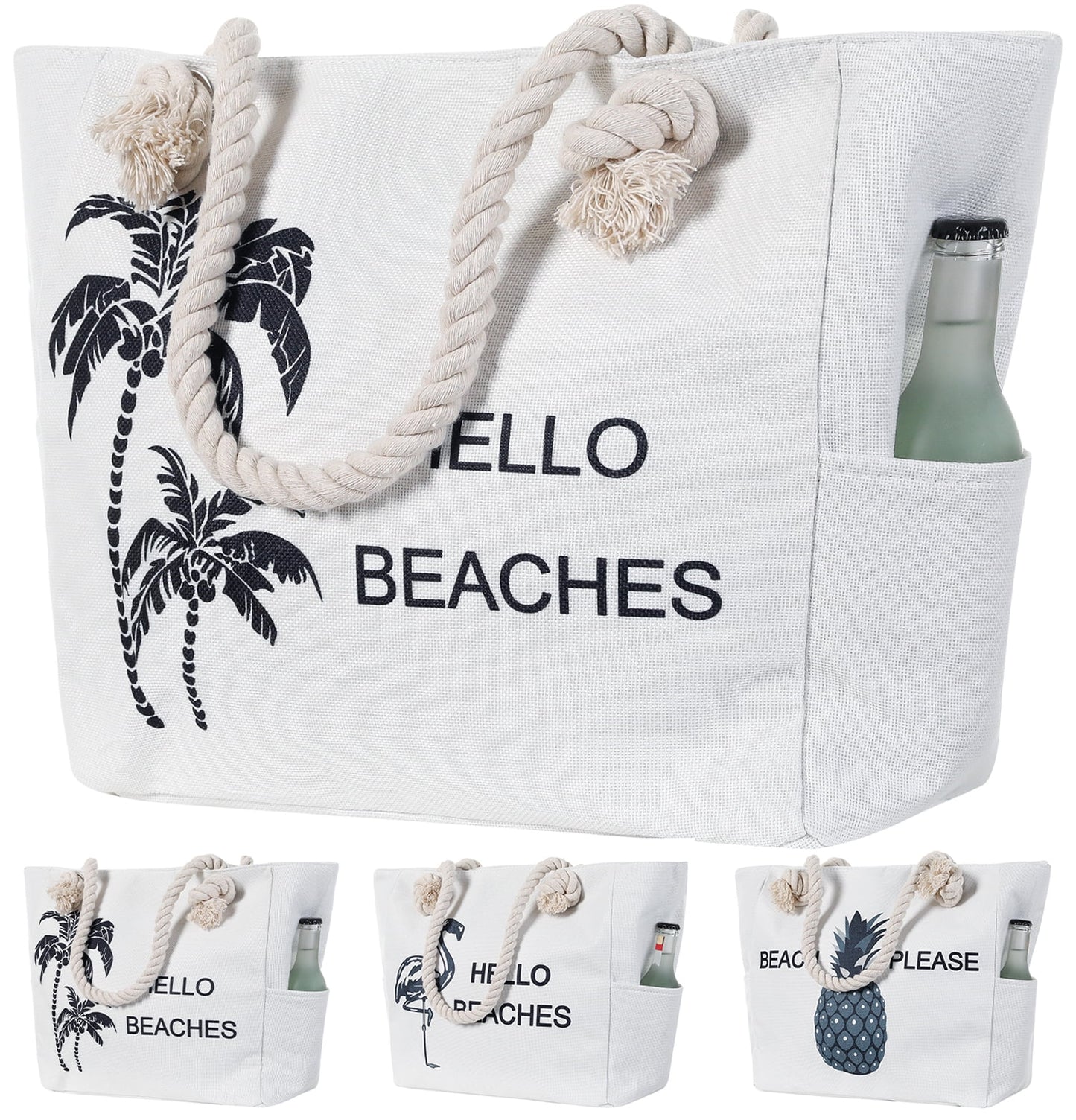 Women Large Beach Tote Bag with Inner Pockets , Waterproof Sandproof Handmade Canvas Tote Bags Zip Closure for Travel Vacation Essentials Gifts , Summer Cruise Pool Shoulder Crossbody Handbag