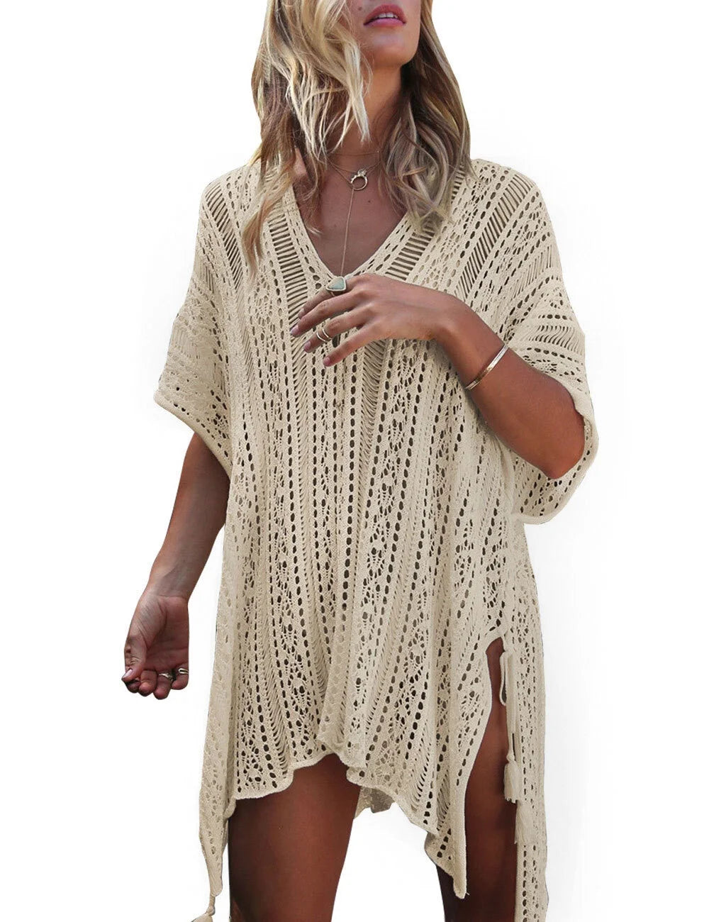 Swimsuit Cover up for Women Summer Sexy Hollow Out Seethrough Crochet Bathing Suit Cover up Swimwear Beach Cover up with Tassel