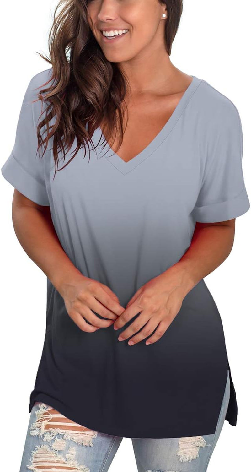 Women'S V Neck T Shirts Casual Rolled Short Sleeve Side Split Summer Tops Loose Fit