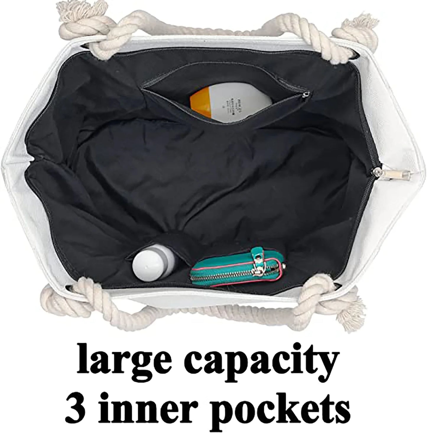 Women Large Beach Tote Bag with Inner Pockets , Waterproof Sandproof Handmade Canvas Tote Bags Zip Closure for Travel Vacation Essentials Gifts , Summer Cruise Pool Shoulder Crossbody Handbag