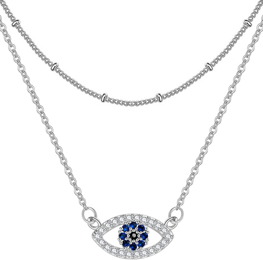 Gold Evil Eye Layered Necklaces for Women 14K Gold Plated Evil Eye Layering Necklaces Satellite Beaded Silver Choker Necklaces Dainty Fake Diamond Pendant Necklace Set 2Pcs