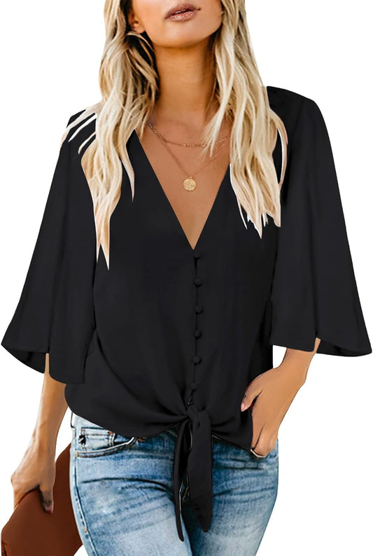 Women'S Casual V Neck Tops 3/4 Sleeve Tie Knot Blouses Solid Button down Shirts