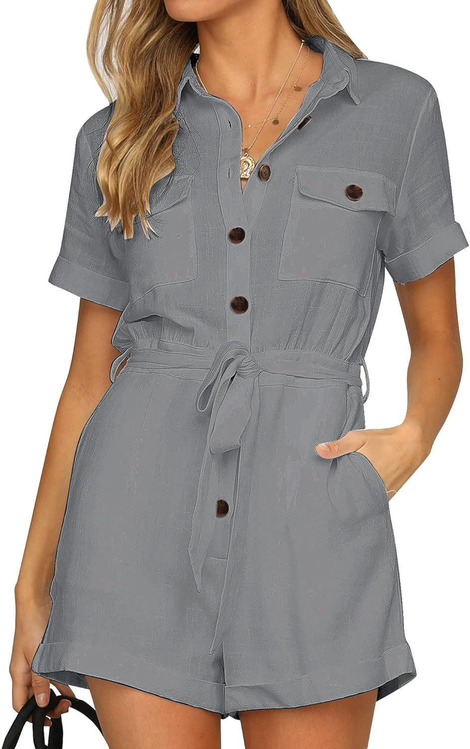 Women'S Summer Short Sleeve Button down Pockets Belted Jumpsuits Rompers