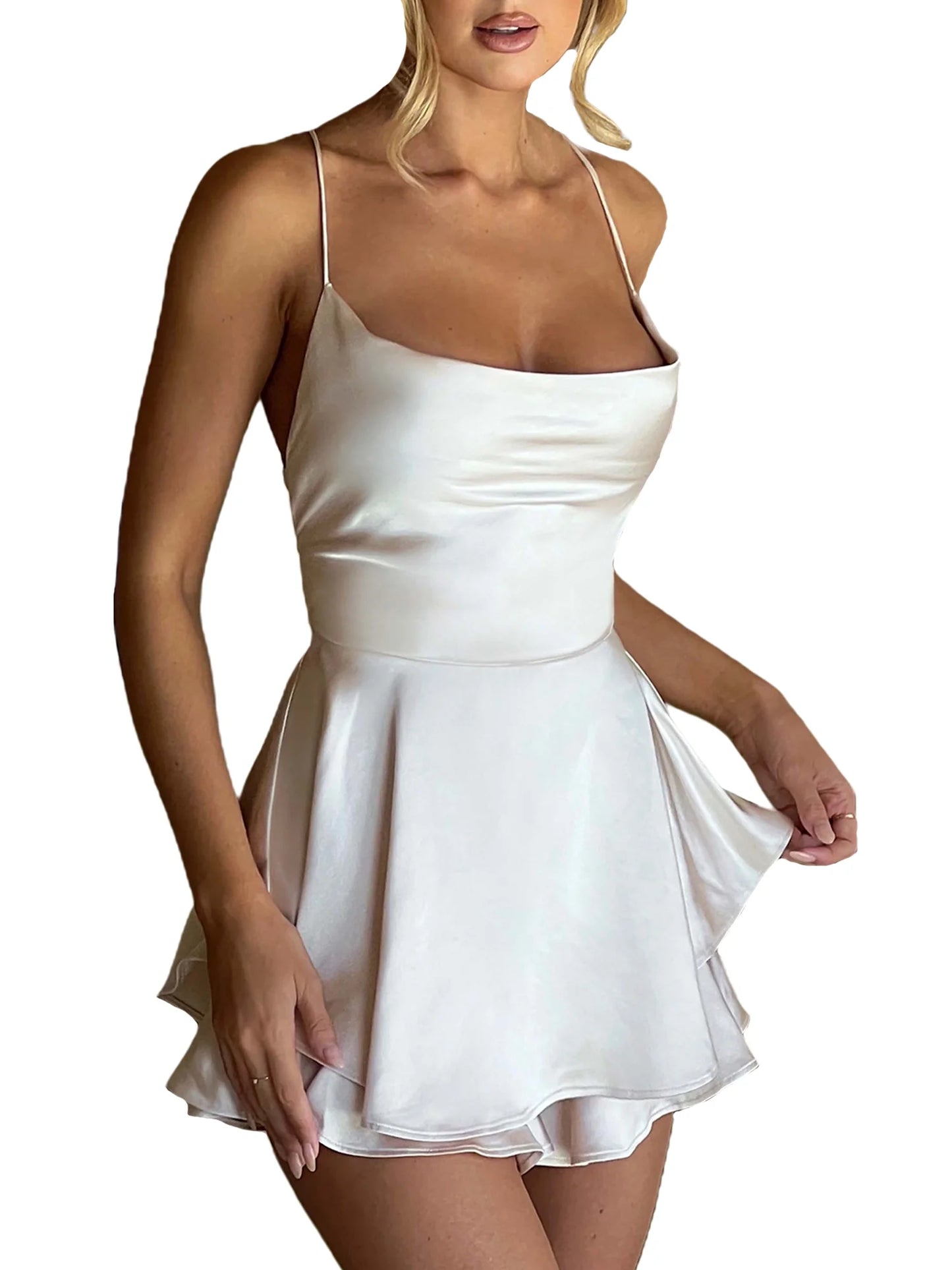 Women Solid Color Cami Playsuits Cowl Neck Sleeveless Short Jumpsuits Summer Cross Tie-Up Backless Romper Clubwear Dress