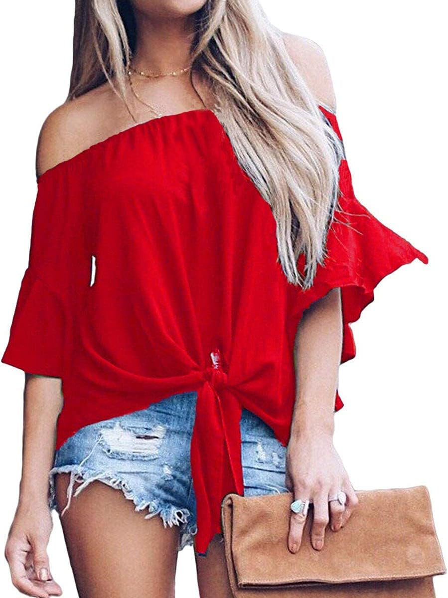off the Shoulder Tops Women Summer 3/4 Bell Sleeve Tie Knot Boho Shirt Blouses