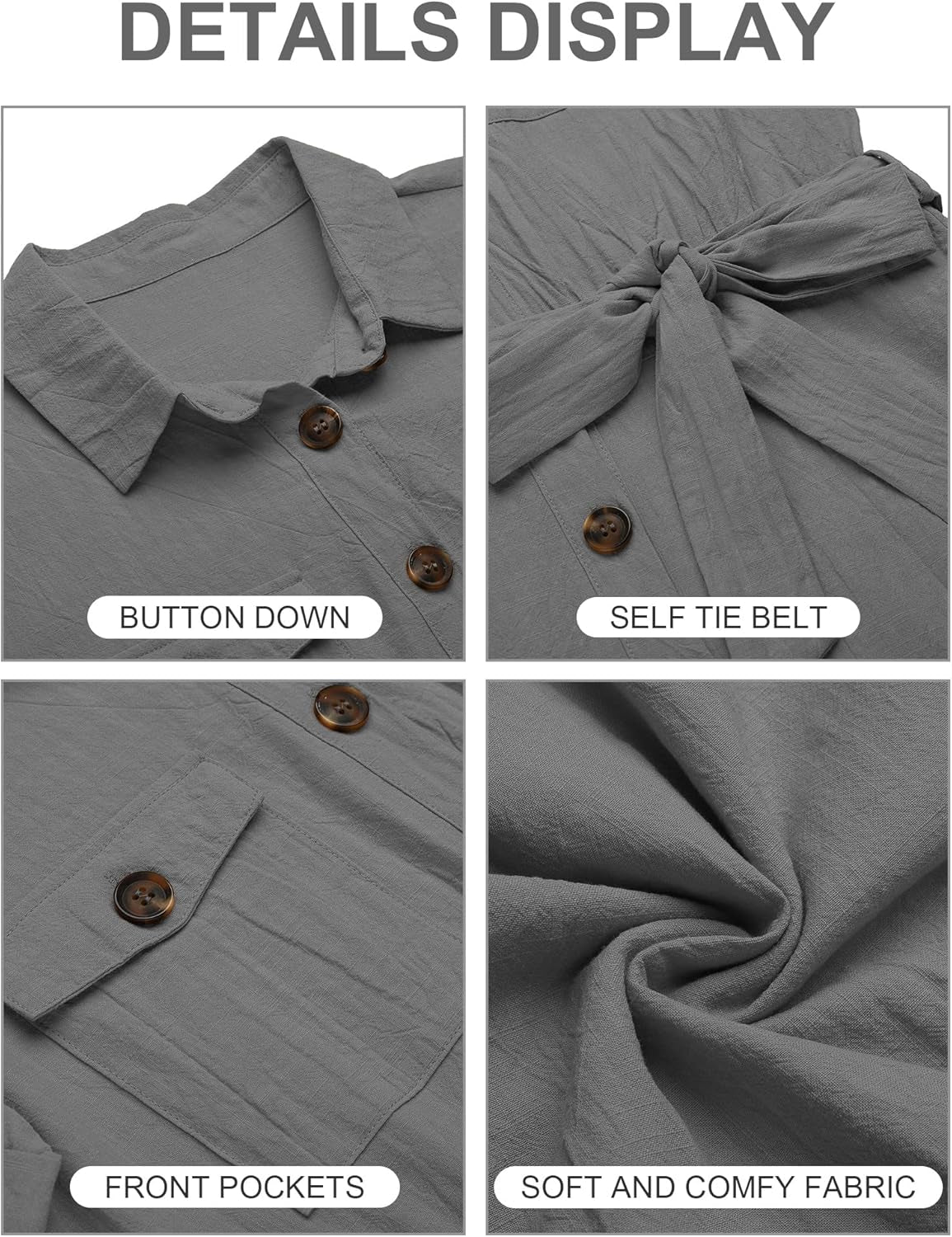 Women'S Summer Short Sleeve Button down Pockets Belted Jumpsuits Rompers