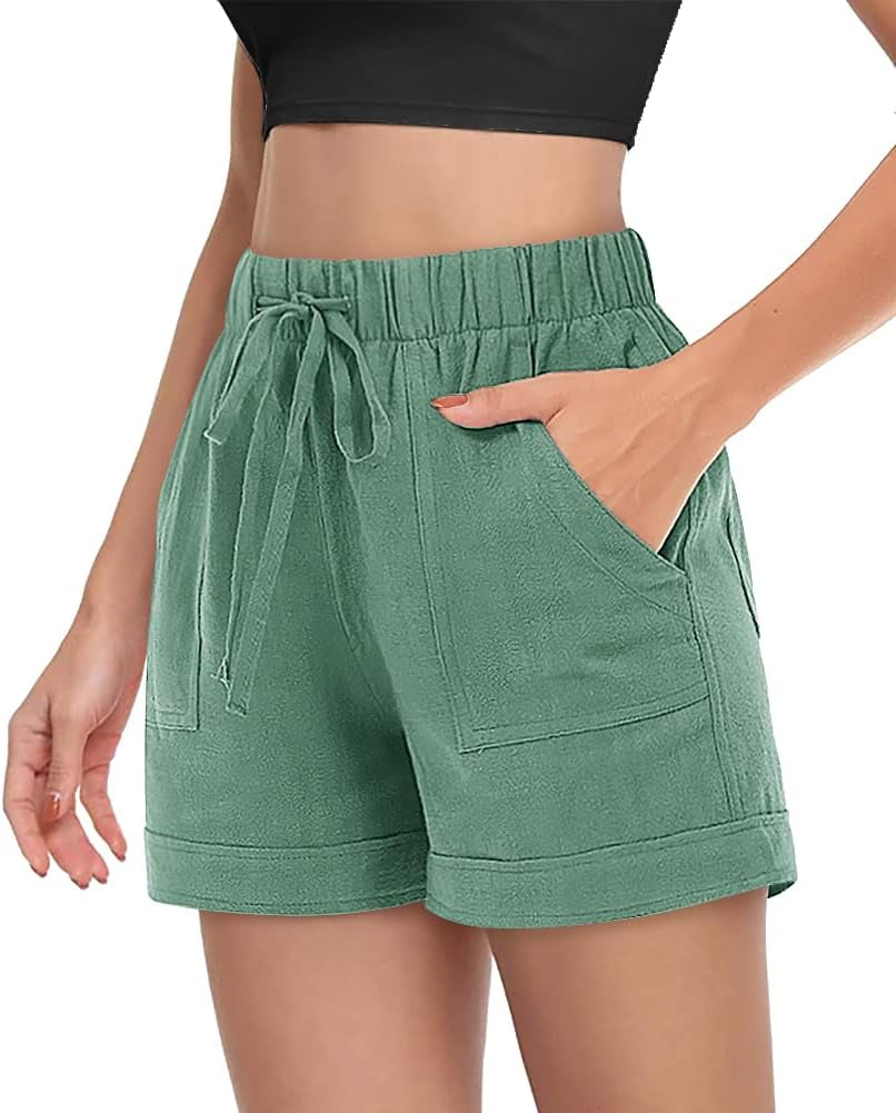 Women'S Comfy Casual Drawstring Shorts Cotton Linen Elastic Ruflle Hem Summer Shorts with Pockets