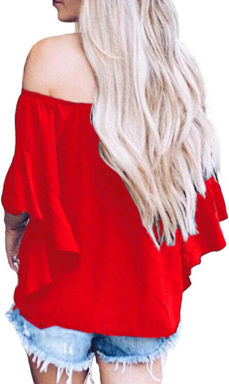 off the Shoulder Tops Women Summer 3/4 Bell Sleeve Tie Knot Boho Shirt Blouses