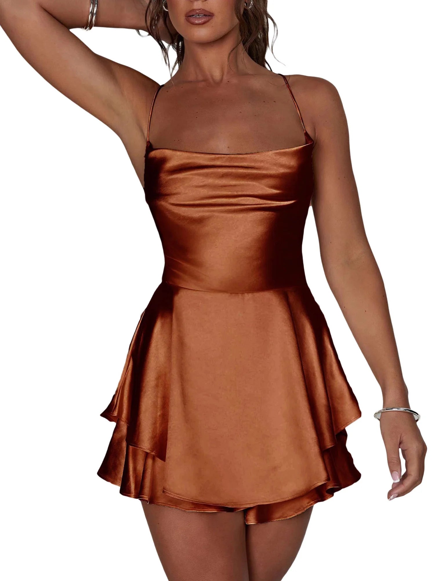 Women Solid Color Cami Playsuits Cowl Neck Sleeveless Short Jumpsuits Summer Cross Tie-Up Backless Romper Clubwear Dress