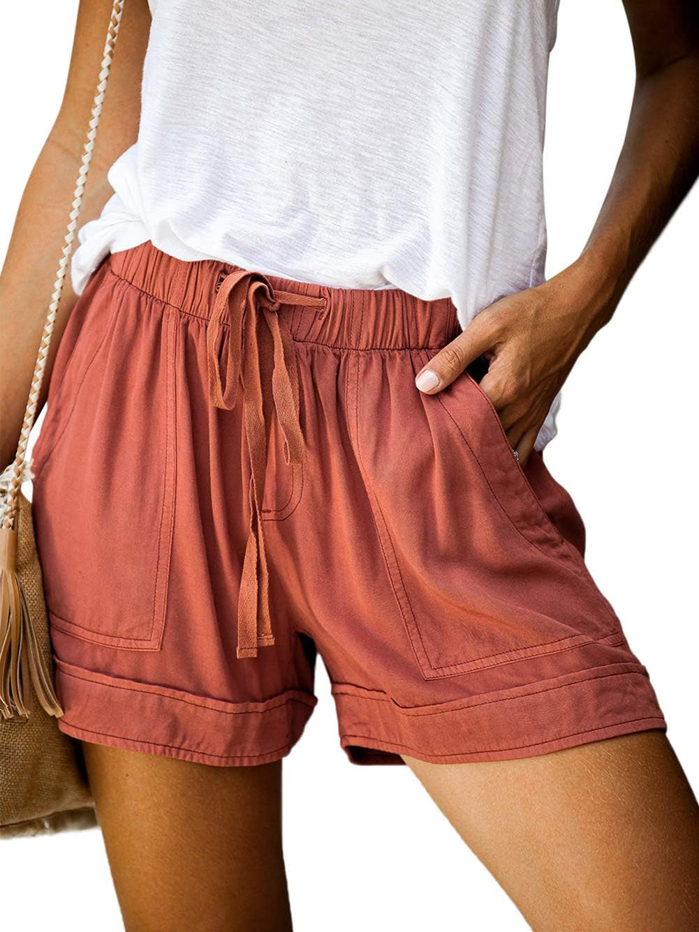 Womens Drawstring Casual Elastic Waist Loose Shorts with Pockets